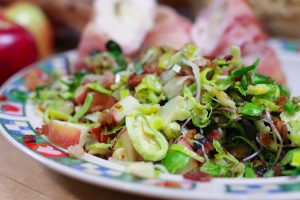 Warm Brussel Sprouts and Red Prince Apple Salad with bacon